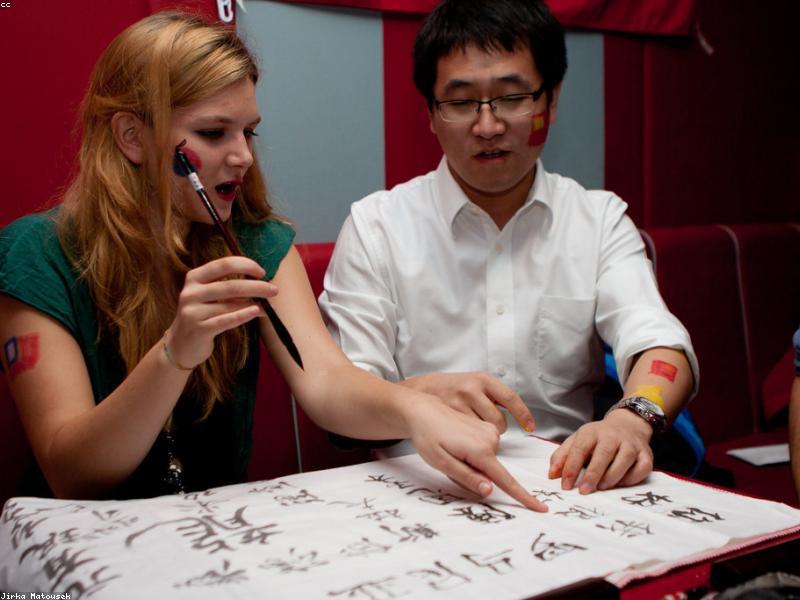 Chinese university students studying together in a library