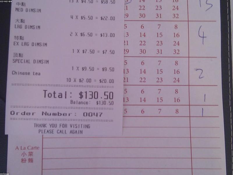 Chinese restaurant bill with service charge